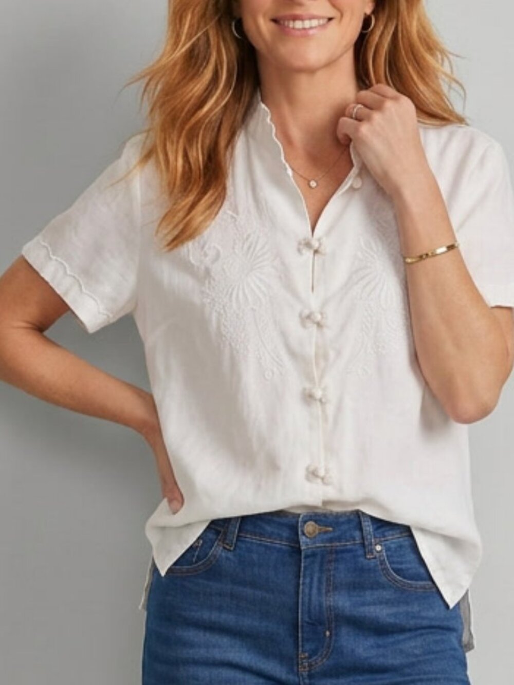 Vintage Liz Claiborne 100% Linen Frog Closure Button Down Blouse Ivory Size M